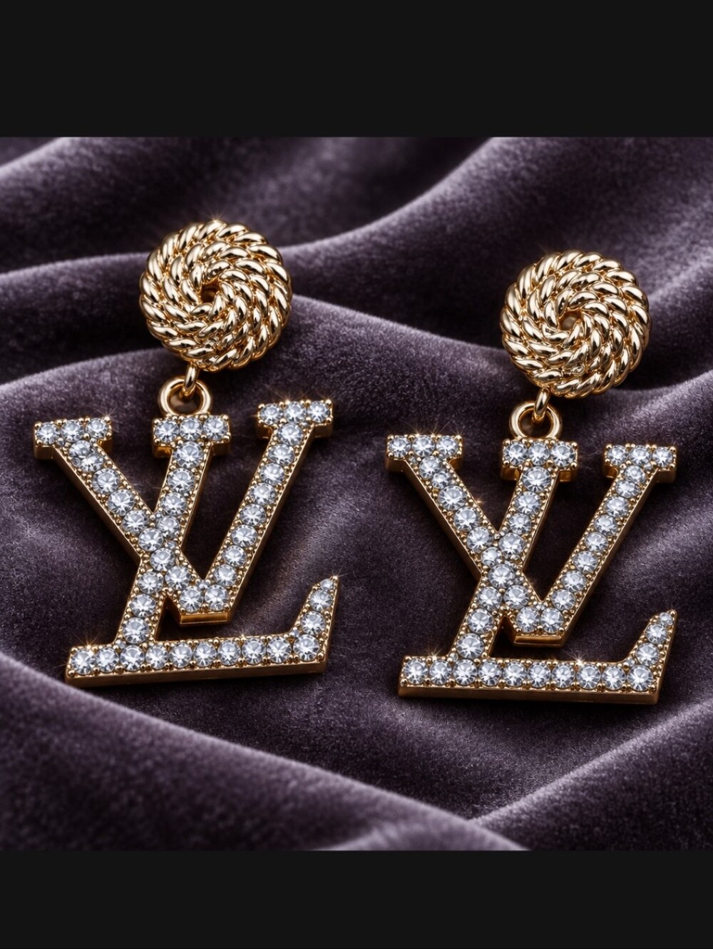 LV Crystal Gold Monogram Drop Earrings